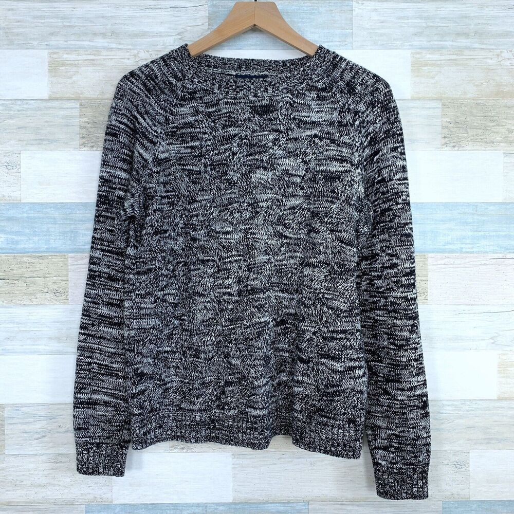 Lands End Marled Drifter Sweater Gray Black Ribbed Womens Large Petite LP 14 16